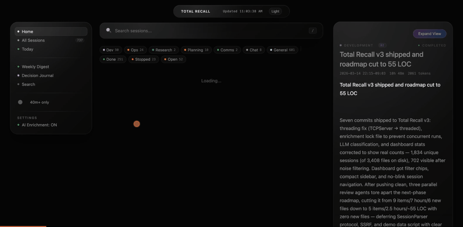 Total Recall Dashboard showing session browser, search, and activity patterns